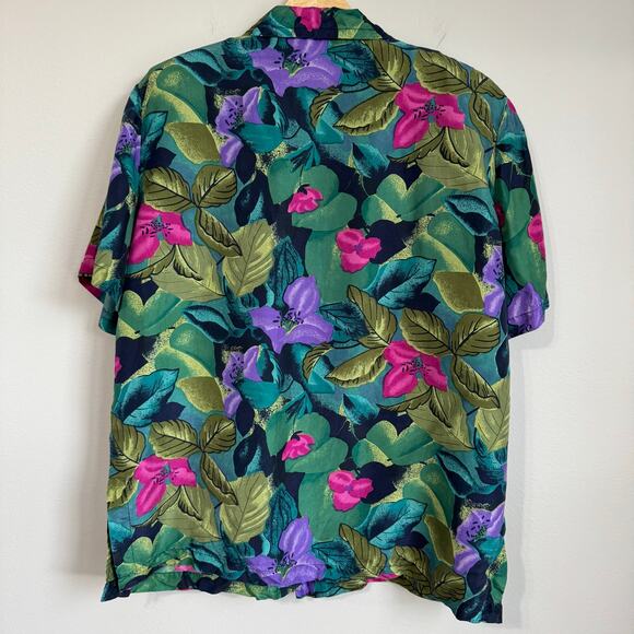 Vintage Women's Silk Shirt Large Floral Button Down Tropical Shoulder Pads 80s - Picture 8 of 10